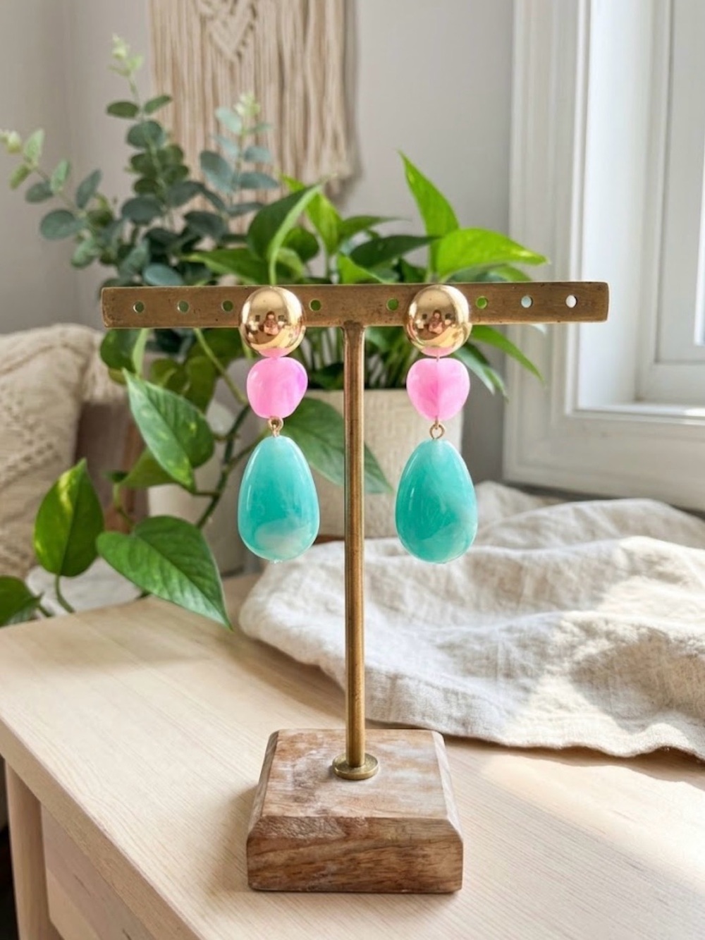 Gold, Pink & Teal Drop Earrings - Fashion Women Accessories - Picture 4 of 4